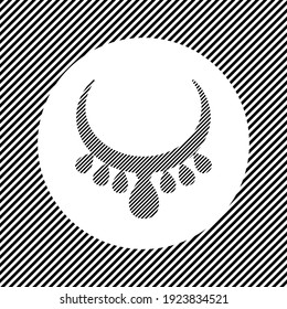 A large necklace symbol in the center as a hatch of black lines on a white circle. Interlaced effect. Seamless pattern with striped black and white diagonal slanted lines