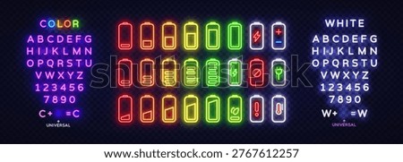 Large neon battery icon set with colorful alphabet and numbers. Bright glowing energy indicators and electric symbols on transparent background