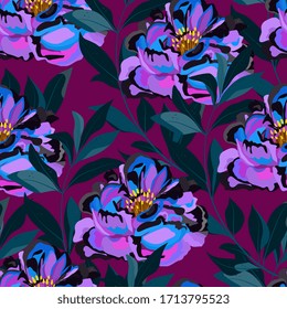 Large neon pink peonies flowers with graceful leaves on a dark purple, plum background. Seamless vector floral illustration. Square repeating pattern for design, fabric and wallpaper.