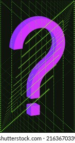 Large neon purple pink Question mark on innovation technology black background with green line. Solve problem concept. Creative Asking sign. Solution flyer. Why. Q and A. Digital screen. IT industry.