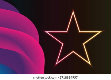 Un Grande contorno de estrella de neón con Pequeñas estrellas circundantes sobre un fondo oscuro con un efecto de degradado azul y rojo 