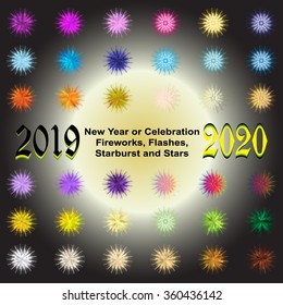 Large New Year collection of colored snowflakes, starbursts, sparkles, sparks, fireworks or stars. Isolated Vector symbols