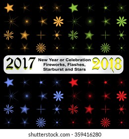 Large New Year collection of themed colored Fireworks,  Flashes, Snowflakes, Starbursts,  Sparks, and Stars. Set of Celebration icons. Isolated Vector symbols.
