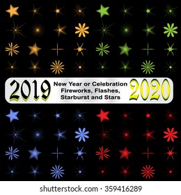 Large New Year collection of themed colored Fireworks,  Flashes, Snowflakes, Starbursts,  Sparks, and Stars. Set of Celebration icons. Isolated Vector symbols.