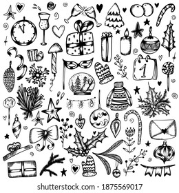 Large New Year's set of doodles in the style of hand-draw. Christmas tree, glass, alcohol, gifts, tangerines, Christmas toys, envelope, lollipop, sweater on an isolated white background. Vector.