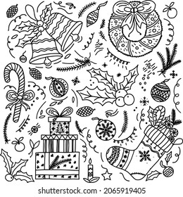 Large New Year's set of doodles in the hand-draw style. Gifts, new year wreath, sock, tangerines, Christmas toys, lollipop, on an isolated white background. Vector Line Illustrations black and white