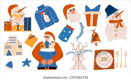 Large New Year's set of elements in hand-drawn style. Santa Claus, snowman, table setting, envelope, gift, bell. Vector illustration