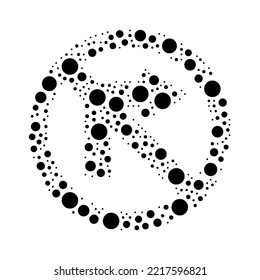 A large no right turn sign in the center made in pointillism style. The center symbol is filled with black circles of various sizes. Vector illustration on white background