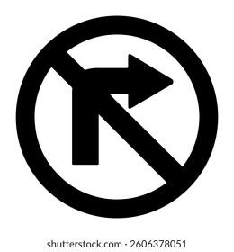 A large no right turn sign in the center. Isolated black symbol
