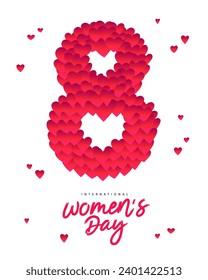 Large number 8 consisting of many small red hearts. Holiday card for March 8th. Hand lettering is International Women's Day. Vector illustration on a white background.