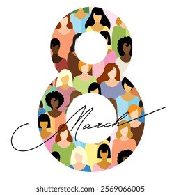 The large number 8 on a white background is made up of many women of different nationalities, along with the linear letters, the inscription March 8 is formed. stock vector illustration. EPS 10.