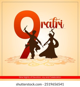  Un Grande número 9 rodeado por la palabra ratri que significa noche en hindi Dos siluetas de personas, probablemente un hombre y una mujer, se dedican a un baile