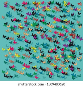 A large number of butterflies form a dense mass. There are shadows under them.