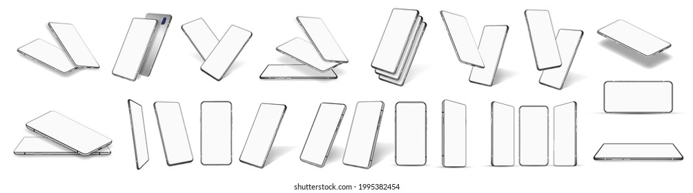 A large number of different smartphones mockups - perspective, frontal, isometric with white display. Mobile phone blank screen collection. 3D realistic cellphone with shadow and blinks. Vector set