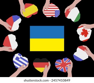 A large number of hands with different flags. Help Ukraine against the war. Symbol of aid by countries. EPS 10.