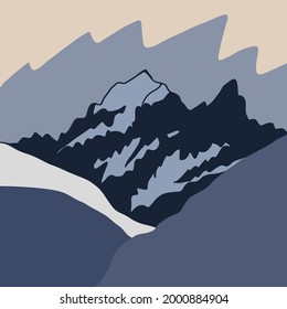 Large number of mountains, vast landscapes touching the horizons, skies. mountain landscape in winter sunset light. colorful isolated flat vector illustration