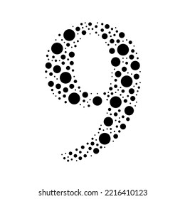 A large number nine symbol in the center made in pointillism style. The center symbol is filled with black circles of various sizes. Vector illustration on white background