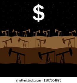 A large number of oil rigs at night and the dollar symbol in the form of the moon.