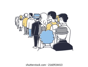 A large number of people in a row Comical handwritten figures Vectors, line drawings in color