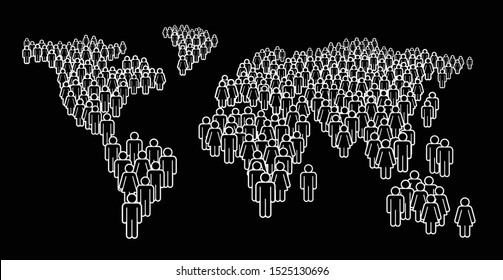 A large number of people standing in a group in the form of world map. Concept of People Figure Pictogram Icons. Earth community signs.
