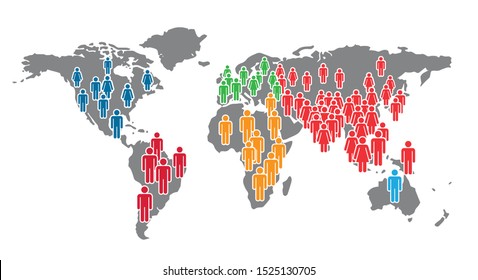 A large number of people standing in a group in the form of world map. Concept of People Figure Pictogram Icons. Earth community signs.