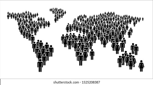 A large number of people standing in a group in the form of world map. Concept of People Figure Pictogram Icons. Earth community signs.