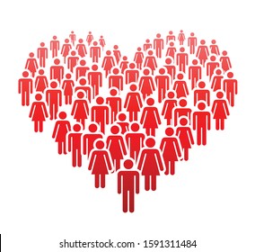 A large number of people standing in a group in the form of heart. Concept of People Figure Pictogram Icons. Community signs.