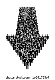 A large number of people standing in a group in the form of arrow sign. Concept of people orientation, movement and migration. People pictogram community signs.