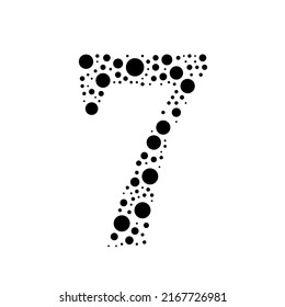 A large number seven symbol in the center made in pointillism style. The center symbol is filled with black circles of various sizes. Vector illustration on white background