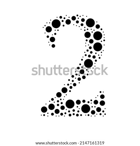 A large number two symbol in the center made in pointillism style. The center symbol is filled with black circles of various sizes. Vector illustration on white background
