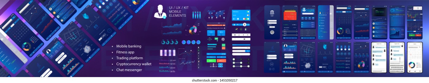 A large number of UI, UX, GUI mobile screens, interface elements and infographics for Mobile App, designing responsive websites. Mobile App design template with UI elements Kit and Flat design concept