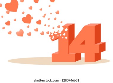 Large numbers 14, as a symbol of February 14, Valentine's day, flying hearts. Vector flat illustration.