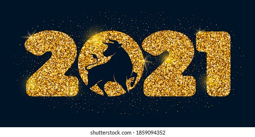 Large numbers 2021 with golden glitters and silhouette of the ox, symbol and mascot of the new year on the eastern calendar. Christmas and New Year festive luxury design on dark background. Vector.