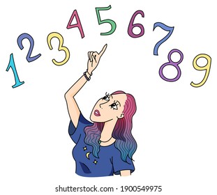 Large numbers of different colors. The girl looks at them from below. She is studying mathematics or numerology. Vector graphics