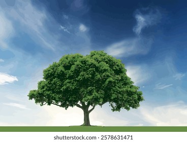 Large oak tree standing tall against a vibrant sky