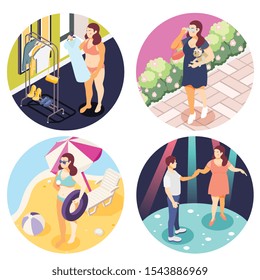 Grandes obesos 4 composiciones isométricas redondas con la compra de prendas de vestir más grandes citas playa ilustración vectorial  
