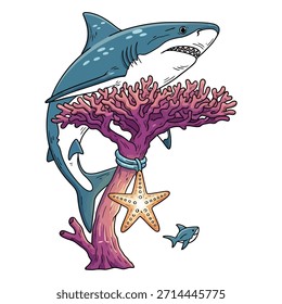 Große Meeresfische navigieren durch die pulsierende Unterwasserszene. Raubfische, die in der Nähe der farbenfrohen Fauna und des Seesterns schwimmen.