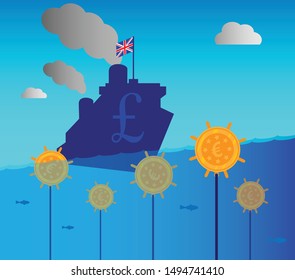A large ocean going ship with a Union Jack flag and Pound sign, on a collision course with a Euro coin shaped mine. A metaphor on EU and UK monetary and currency collision.