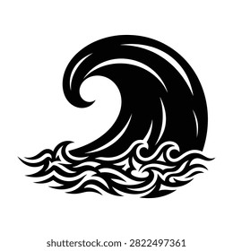 A large ocean wave crashes in a stylized black and white illustration graphic symbol, conveying power and energy of the sea.