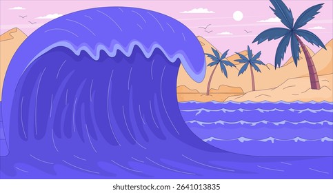 Large ocean wave crashing near tropical beach flat illustration background. Sea paradise. Surf style. Seascape coast sandy desert island 2D cartoon lofi backdrop. Colorful scene vector art image
