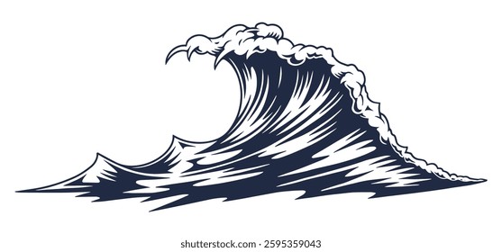 A large ocean wave curls dramatically showcasing its powerful form and cresting foam. The detailed lines capture the movement and energy of the sea emphasizing nature's force.
