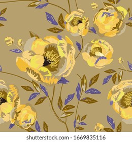 Large ochre yellow buds and peonies flowers surrounded by leaves on a sage tan background. Floral seamless pattern. Vector illustration with plants.