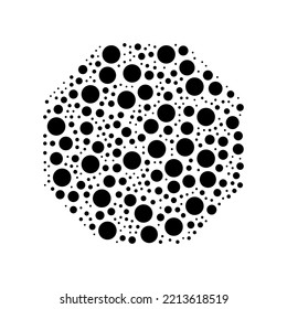 A large octagon symbol in the center made in pointillism style. The center symbol is filled with black circles of various sizes. Vector illustration on white background