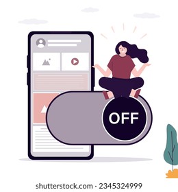 Large off button on screen of mobile phone. Digital detox, happy woman turned off smartphone and meditates in lotus position. Freedom from digital addiction. tech free. Problems of cyber dependence.