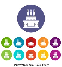 Large oil refinery set icons in different colors isolated on white background