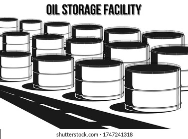 Large oil storage facility composition with road. Industrial facilities Tanks for storage oil vector illustration