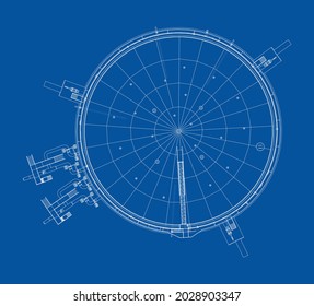 Large oil tank with floating roof. Vector rendering of 3d. Wire-frame style. The layers of visible and invisible lines are separated. Orthography