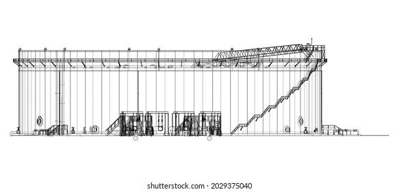 Large oil tank with floating roof. Vector rendering of 3d. Wire-frame style. The layers of visible and invisible lines are separated. Orthography