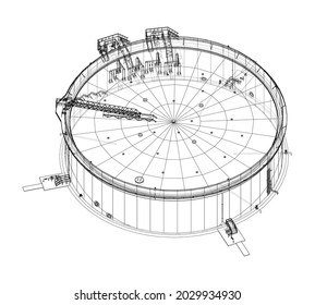 Large oil tank with floating roof. Vector rendering of 3d. Wire-frame style. The layers of visible and invisible lines are separated. Orthography