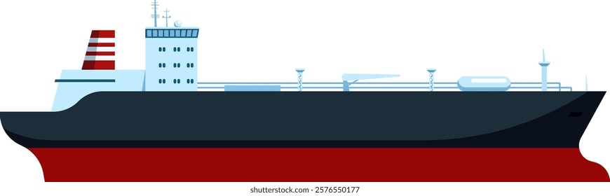 Large oil tanker ship sailing on the sea on white background, vector illustration of a cargo ship carrying oil or gas, maritime transport and business concept